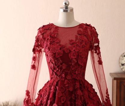 BMbridal Elegant Long Sleeve Burgundy Prom Dress Lace Evening Gowns