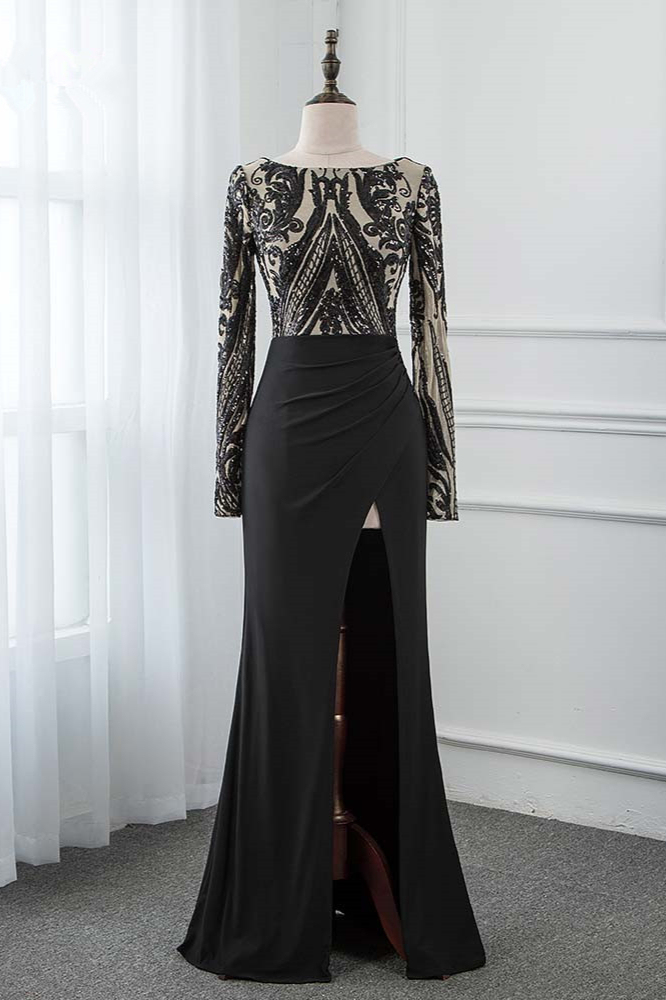BMbridal Stylish Jewel Long-Sleeves Appliques Prom Dresses with Front Slit