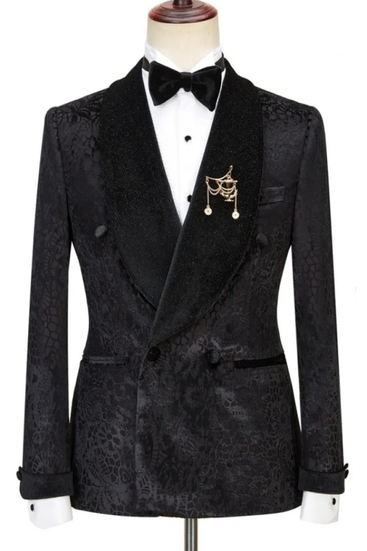 Bespoke Black Jacquard Double Breasted Wedding Suits With Velvet Shawl Lapel-BMbridal