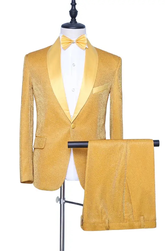 Stylish Gold Shawl Lapel Two Pieces Velvet Wedding Suits-BMbridal