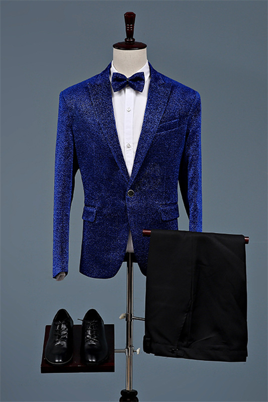Royal Blue Peaked Lapel Two Pieces Fashion Sequins Prom Suits-BMbridal