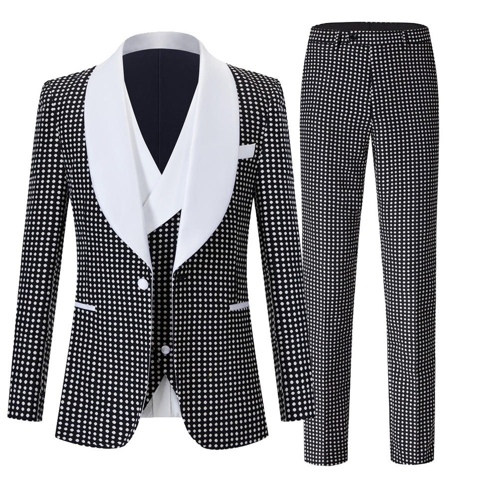 Bespoke Black Shawl Lapel Three Pieces Wedding Suits With White Dot-BMbridal