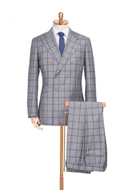Formal Gray Plaid Peaked Lapel Double Breasted Business Suits-BMbridal