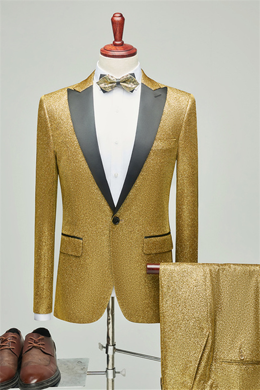 Gold Sequins Peaked Lapel Two Pieces Bespoke Prom Suits-BMbridal