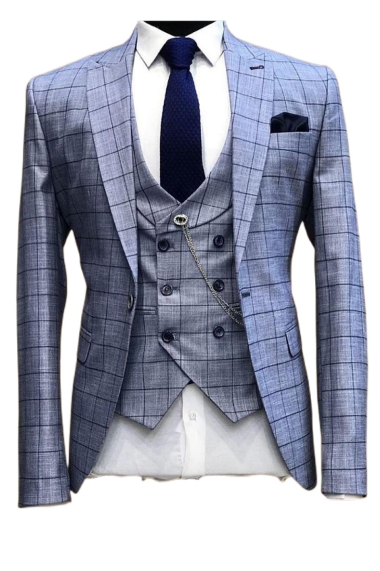 Bespoke Blue Peaked Lapel Three Pieces Plaid Business Suits-BMbridal