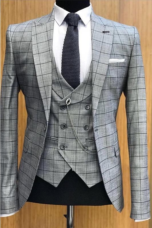 Classic Gray Peaked Lapel Three Pieces Plaid Business Suits-BMbridal