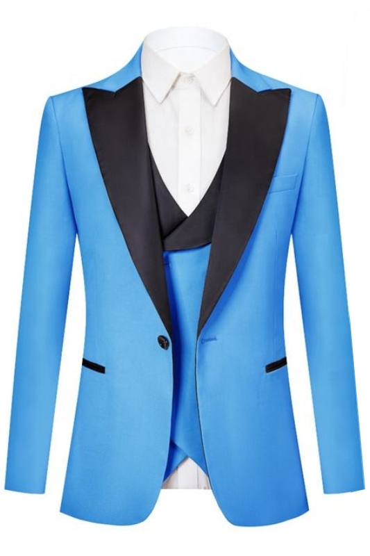 Fashion Blue Peaked Lapel Three Pieces Prom Suits-BMbridal