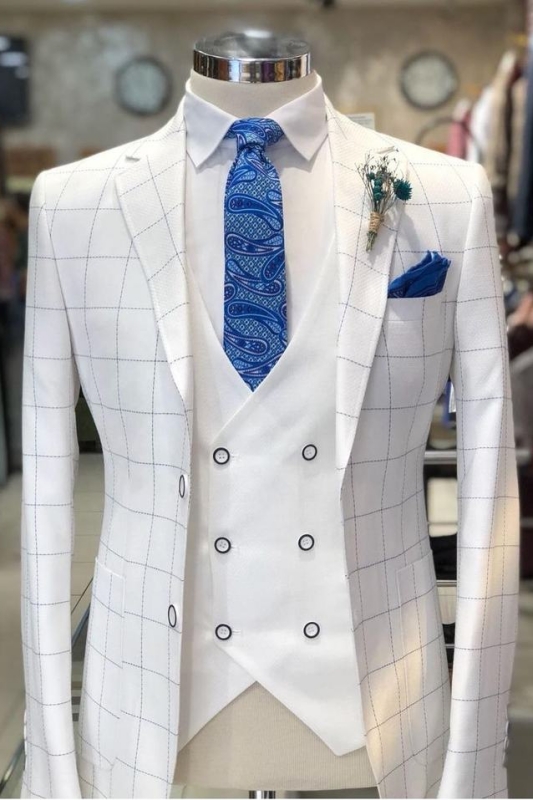 Chic White Notched Lapel Three Pieces Plaid Business Suits-BMbridal