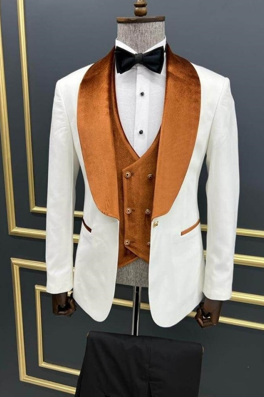 Fashion White Three Pieces Wedding Suits With Brown Shawl Lapel-BMbridal