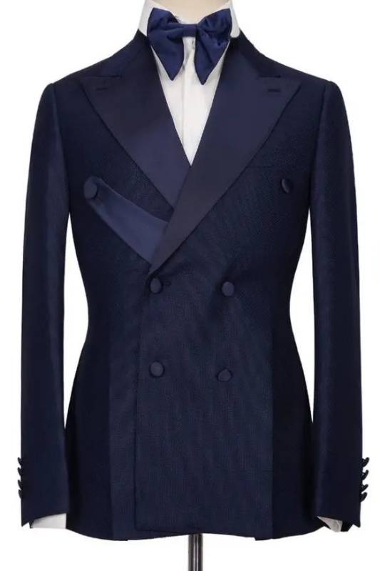 Newest Navy Blue Peaked Lapel Double Breasted Prom Suits-BMbridal