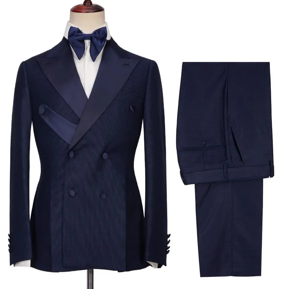 Newest Navy Blue Peaked Lapel Double Breasted Prom Suits-BMbridal