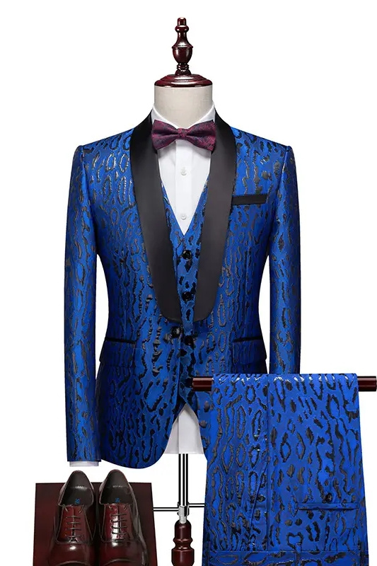 Blue Jacquard Shawl Lapel Three Pieces Slim Fit Wedding Suits-BMbridal