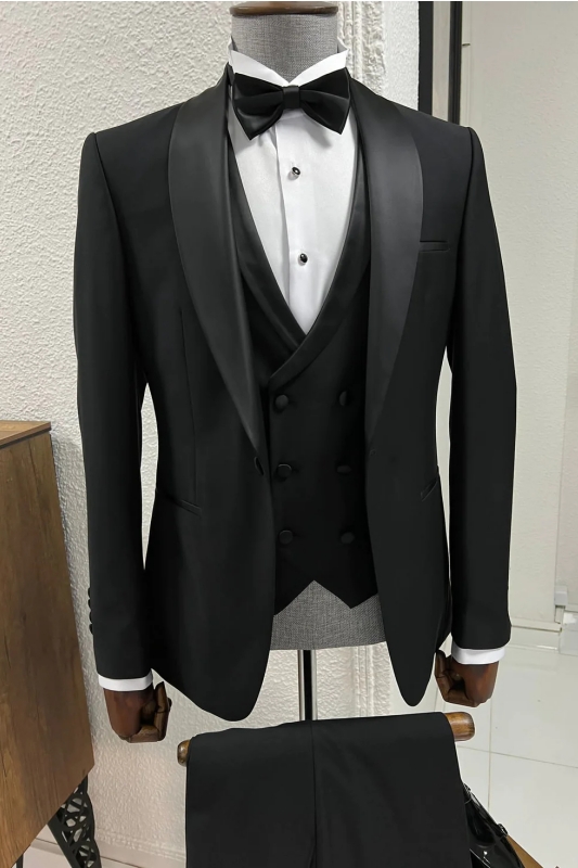 Black Shawl Lapel Three Pieces Bespoke Wedding Suits-BMbridal