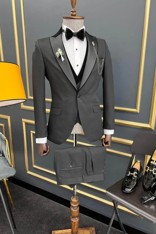 Deep Gray Peaked Lapel Three Pieces Classic Business Suits-BMbridal
