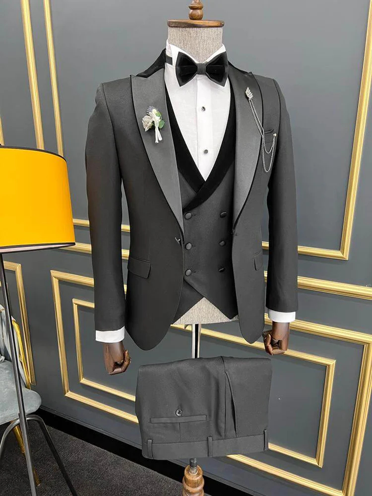 Deep Gray Peaked Lapel Three Pieces Classic Business Suits-BMbridal