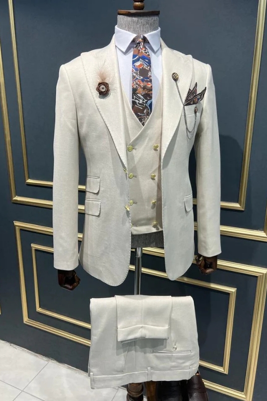 Simple White Peaked Lapel Three Pieces Prom Suits For Men-BMbridal