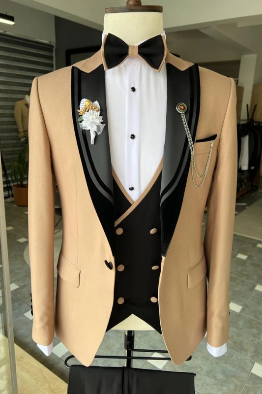 Modern Khaki Peaked Lapel Three Pieces Men Suits For Prom-BMbridal