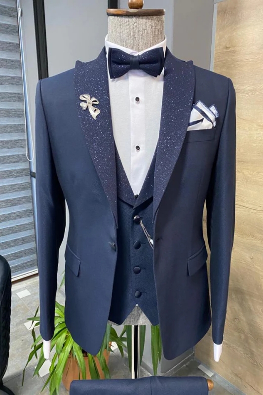 Navy Blue Peaked Lapel Three Pieces Classic Prom Suits-BMbridal