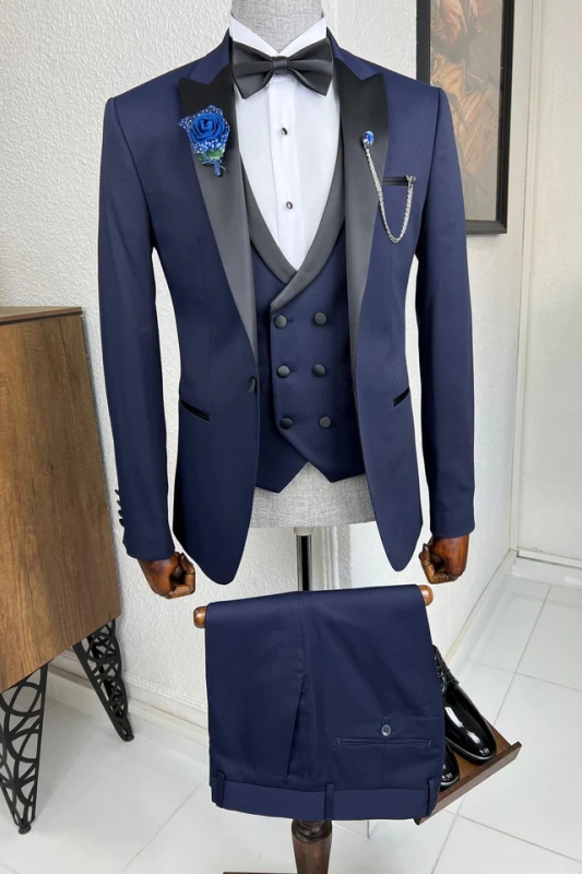 New Arrival Navy Blue Peaked Lapel Three Pieces Prom Suits For Men-BMbridal