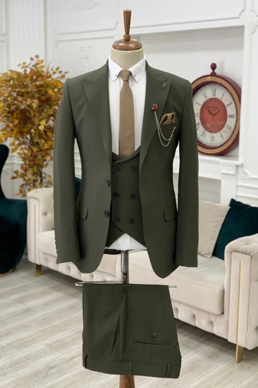 Dark Green Peaked Lapel Three Pieces Classic Business Suits-BMbridal