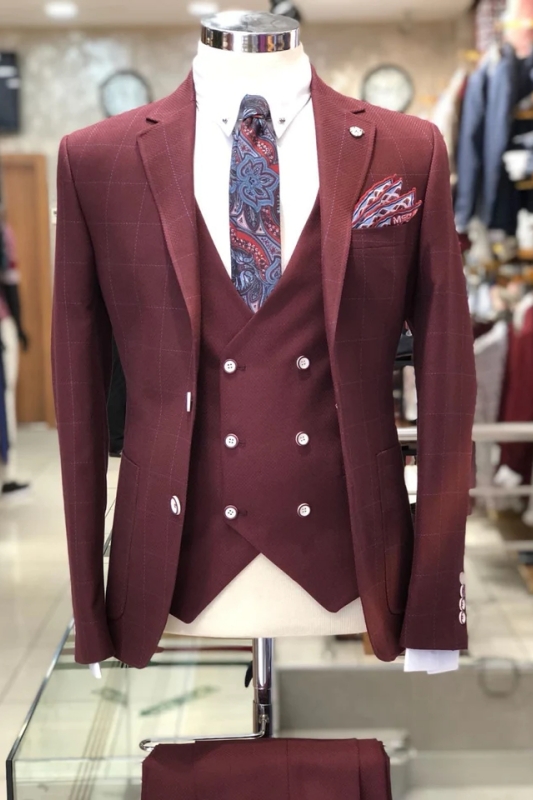 Burgundy Notched Lapel Three Pieces Bespoke Plaid Business Suits-BMbridal