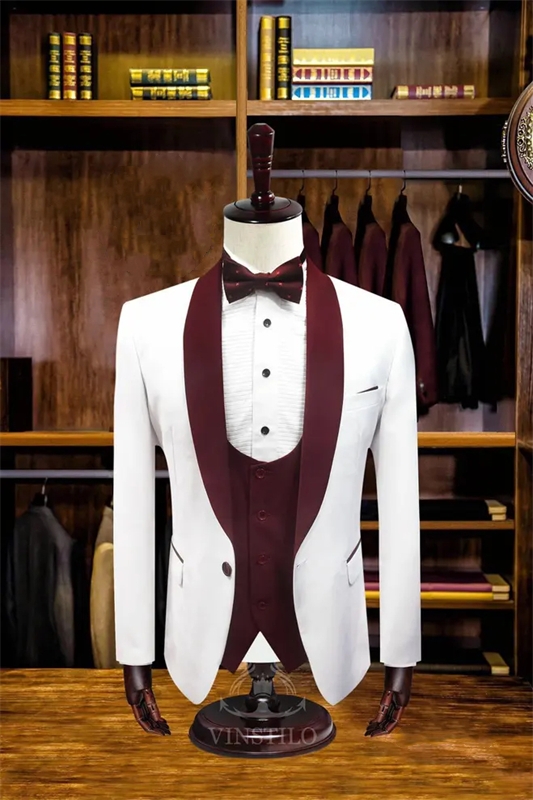 Newest Burgundy Shawl Lapel Three Pieces Wedding Suits-BMbridal