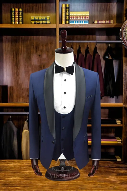 Navy Blue Three Pieces New Arrival Wedding Suits With Black Shawl Lapel-BMbridal