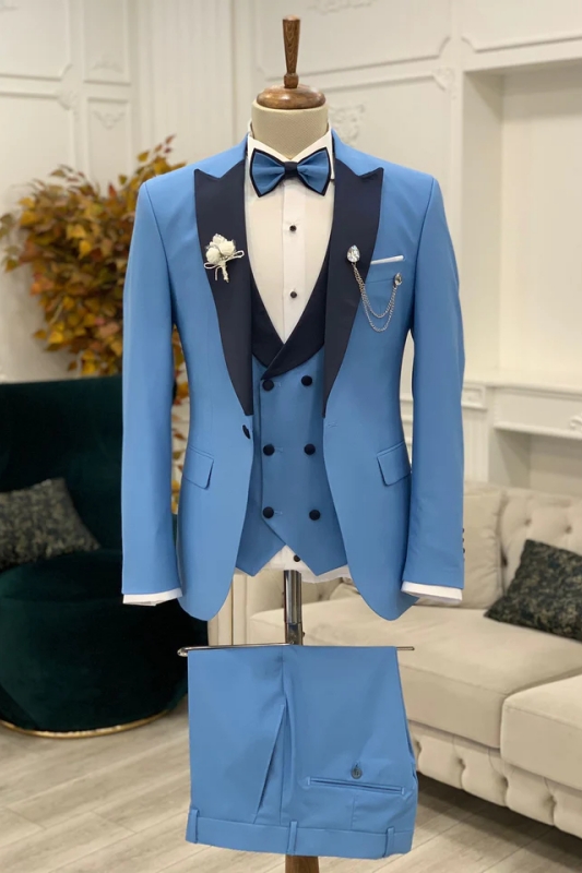 Fancy Blue Peaked Lapel Three Pieces Close Fitting Prom Suits-BMbridal