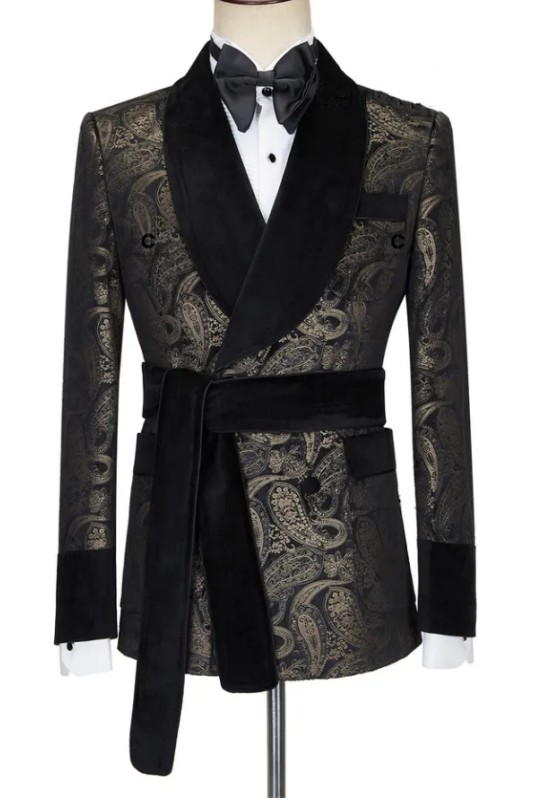 Classic Black Shawl Lapel Double Breasted Jacquard Wedding Suits-BMbridal