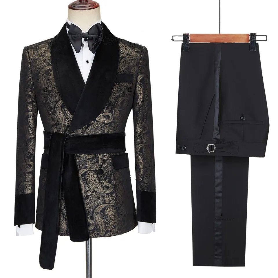 Classic Black Shawl Lapel Double Breasted Jacquard Wedding Suits-BMbridal