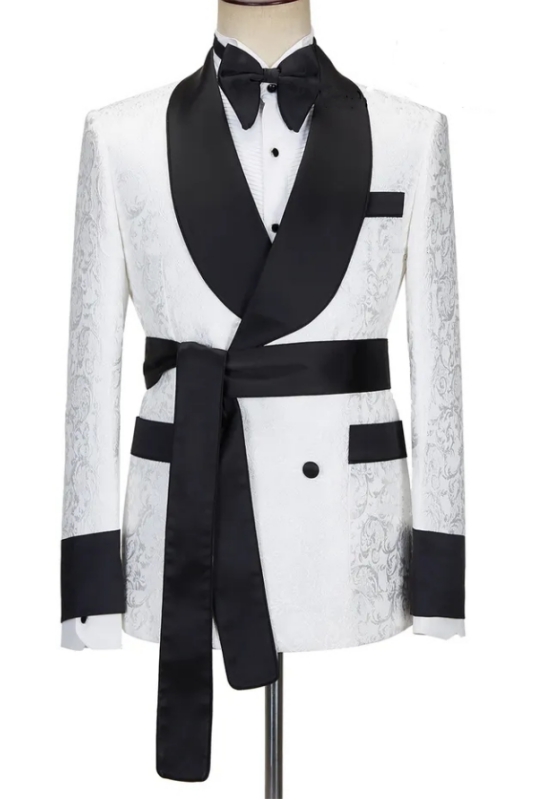 Simple White Double Breasted Jacquard Wedding Suits With Black Shawl Lapel-BMbridal