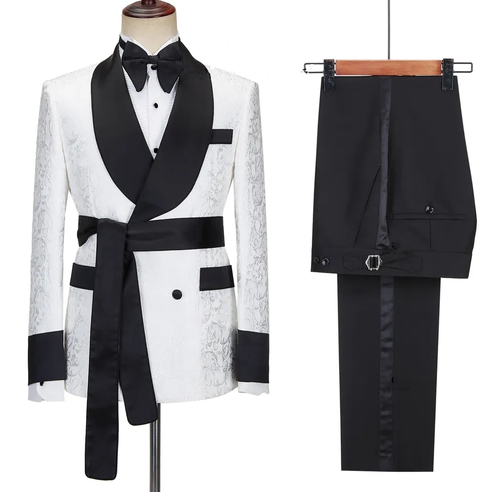 Simple White Double Breasted Jacquard Wedding Suits With Black Shawl Lapel-BMbridal