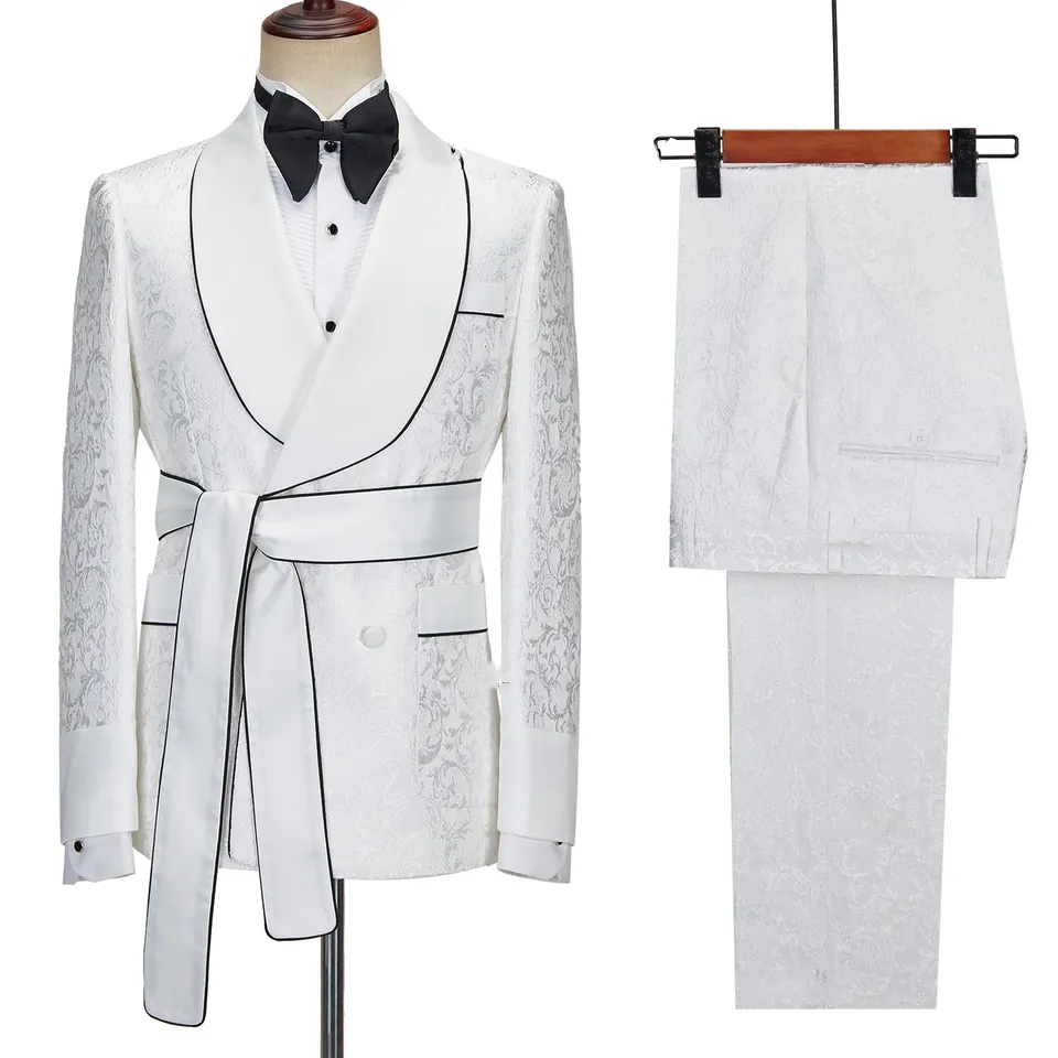 Classic White Shawl Lapel Double Breasted Jacquard Wedding Suits-BMbridal