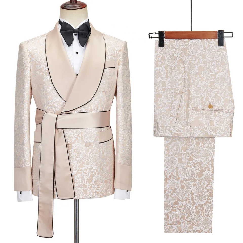 Bespoke Champagne Shawl Lapel Double Breasted Jacquard Wedding Suits-BMbridal