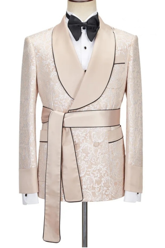 Bespoke Champagne Shawl Lapel Double Breasted Jacquard Wedding Suits-BMbridal