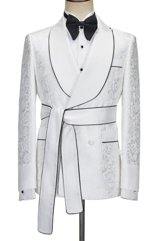Classic White Shawl Lapel Double Breasted Jacquard Wedding Suits-BMbridal