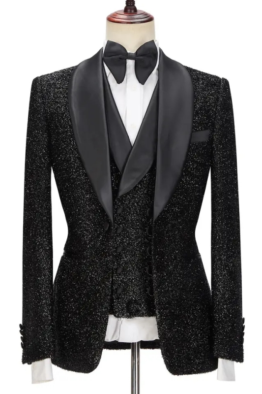 Chic Black Sequins Shawl Lapel Three Pieces Wedding Suits-BMbridal