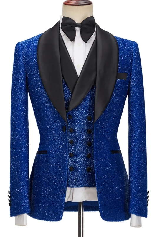 Fancy Royal Blue Sequins Shawl Lapel Three Pieces Wedding Suits-BMbridal