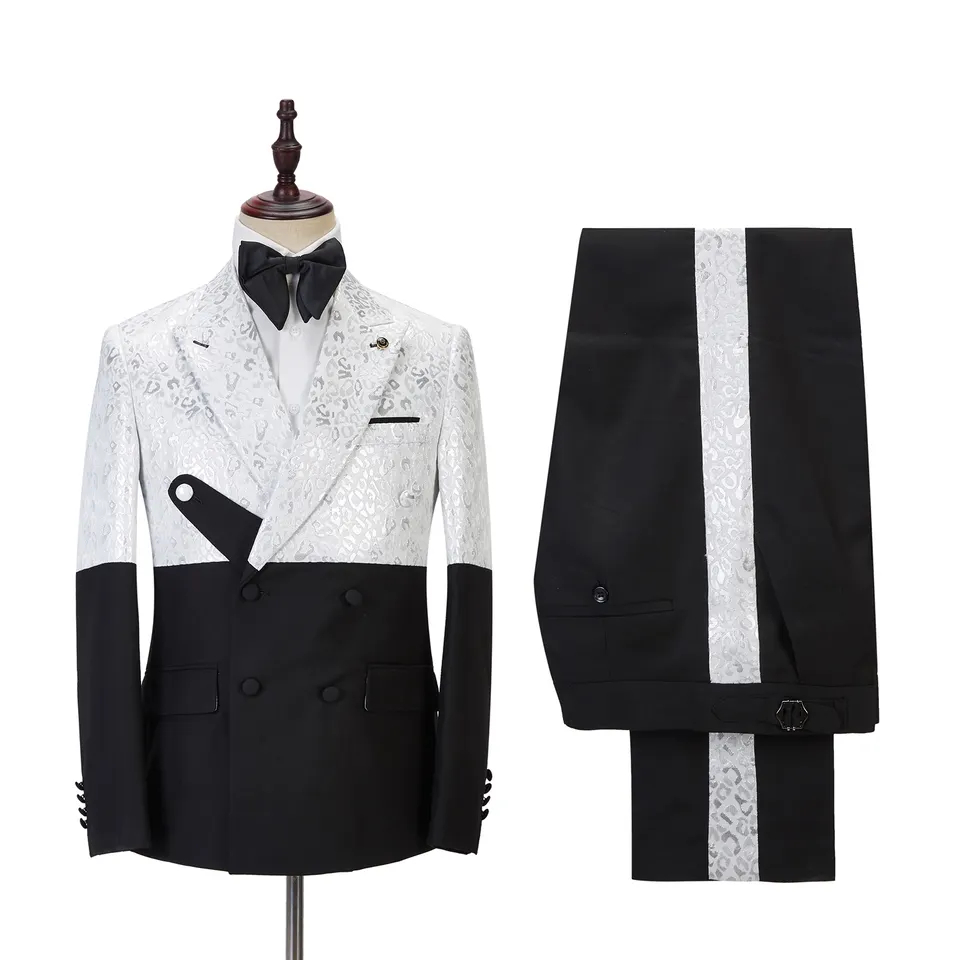 Glamorous White Jacquard Peaked Lapel Double Breasted Prom Suits-BMbridal