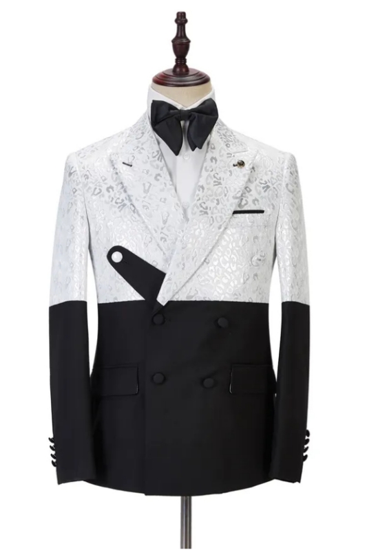 Glamorous White Jacquard Peaked Lapel Double Breasted Prom Suits-BMbridal