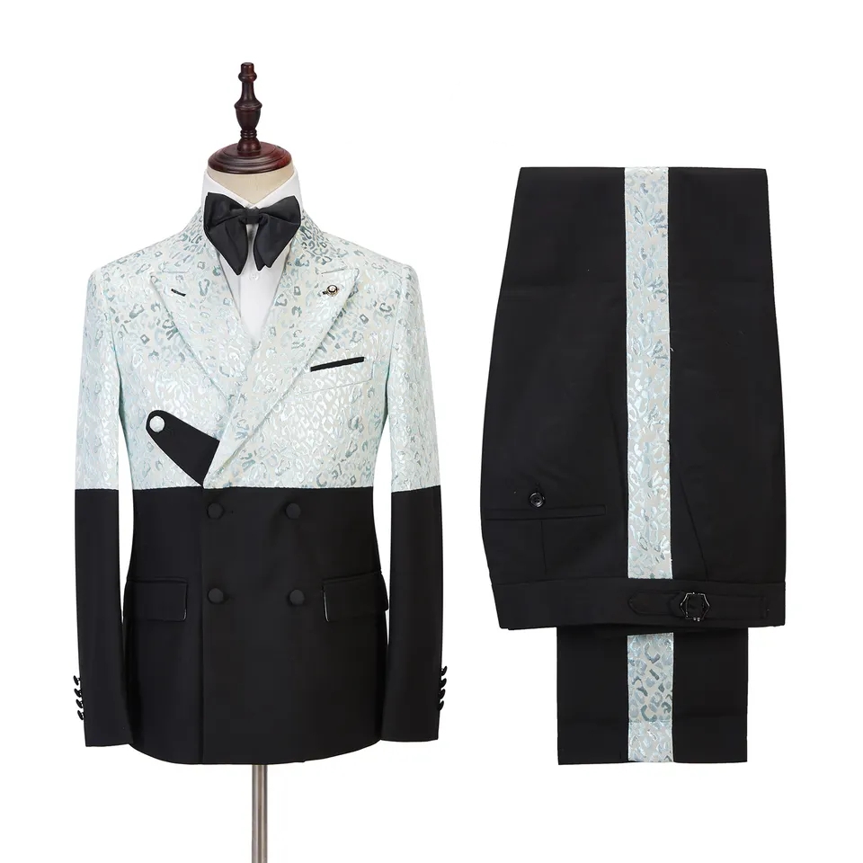 Sky Blue Jacquard Peaked Lapel Double Breasted Newest Prom Suit-BMbridal