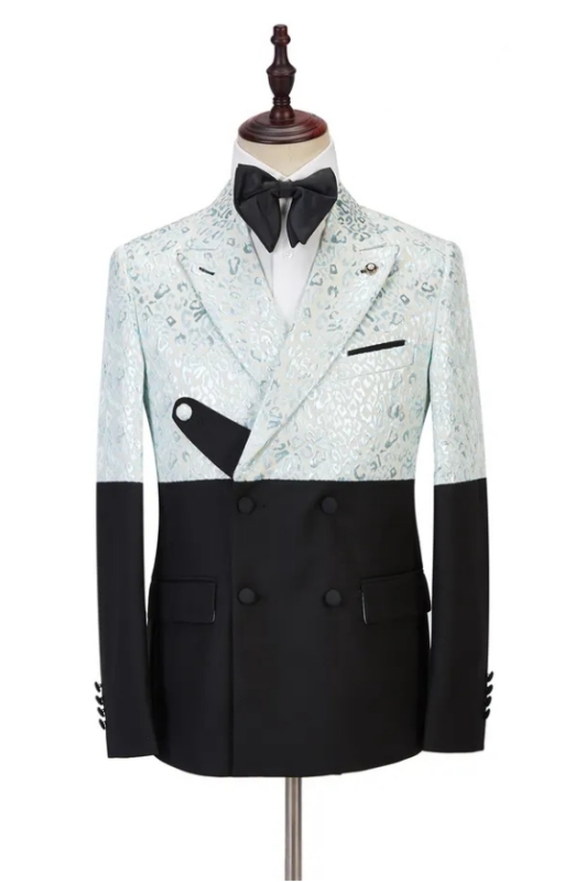Sky Blue Jacquard Peaked Lapel Double Breasted Newest Prom Suit-BMbridal