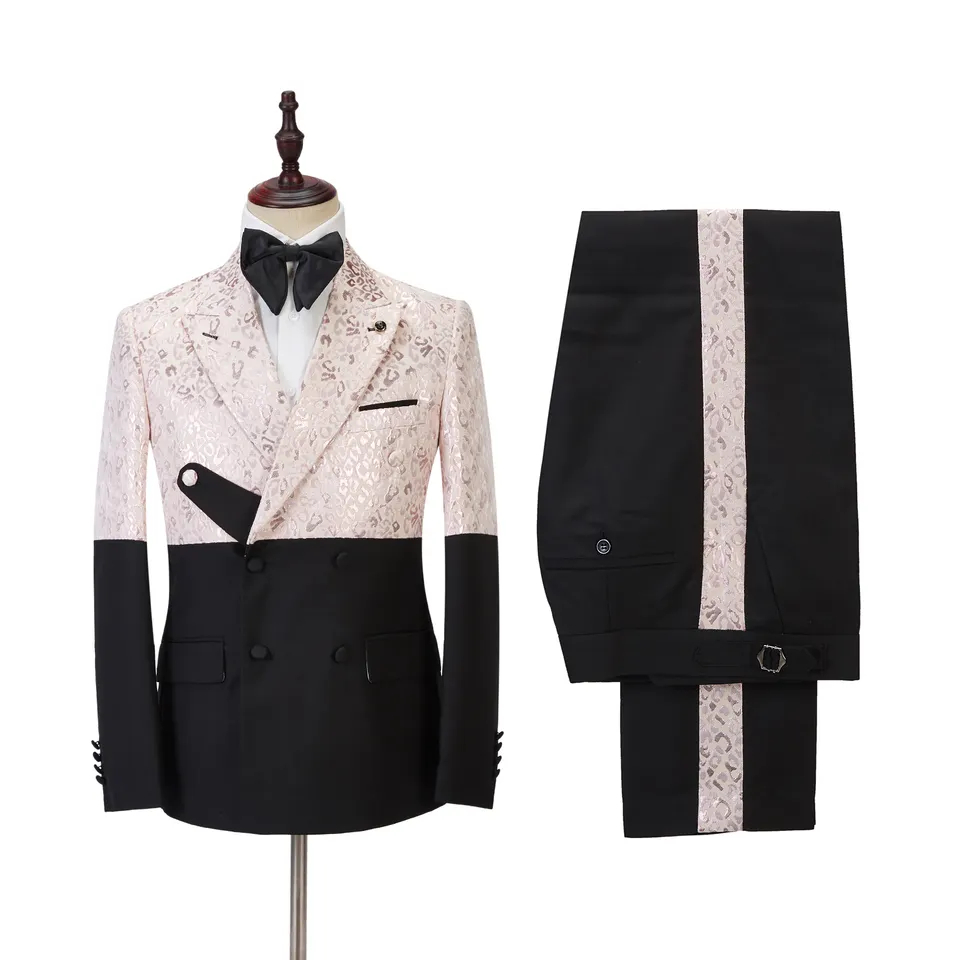 New Arrival Light Pink Jacquard Peaked Lapel Double Breasted Prom Suits-BMbridal