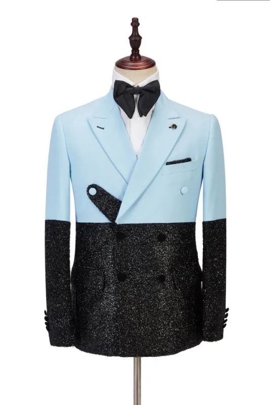 Stylish Blue Peaked Lapel Double Breasted Slim Fit Men Suits For Prom-BMbridal