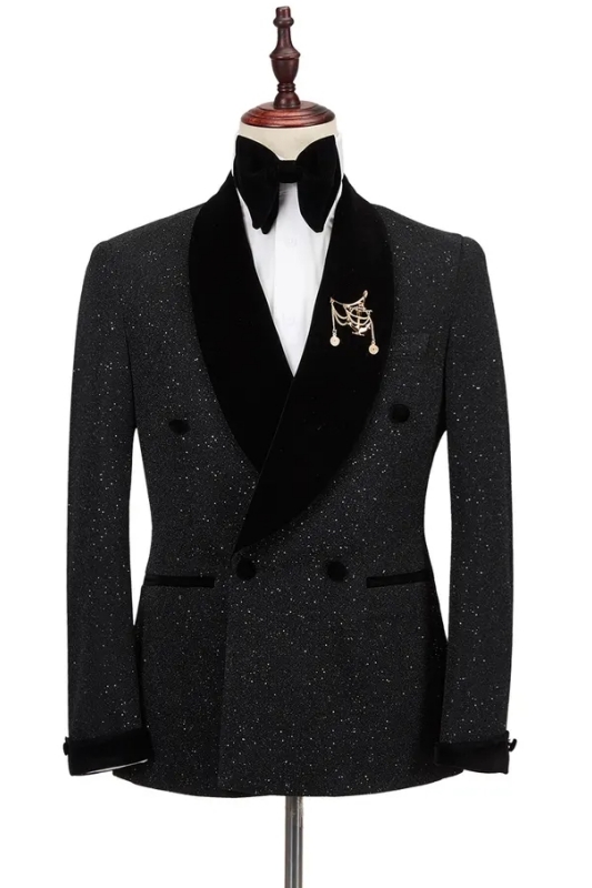 Classic Black Sequins Double Breasted Wedding Suits With Velvet Shawl Lapel-BMbridal