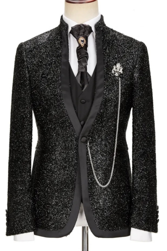 Fashion Black Sequins Shawl Lapel Three Pieces Wedding Suits-BMbridal