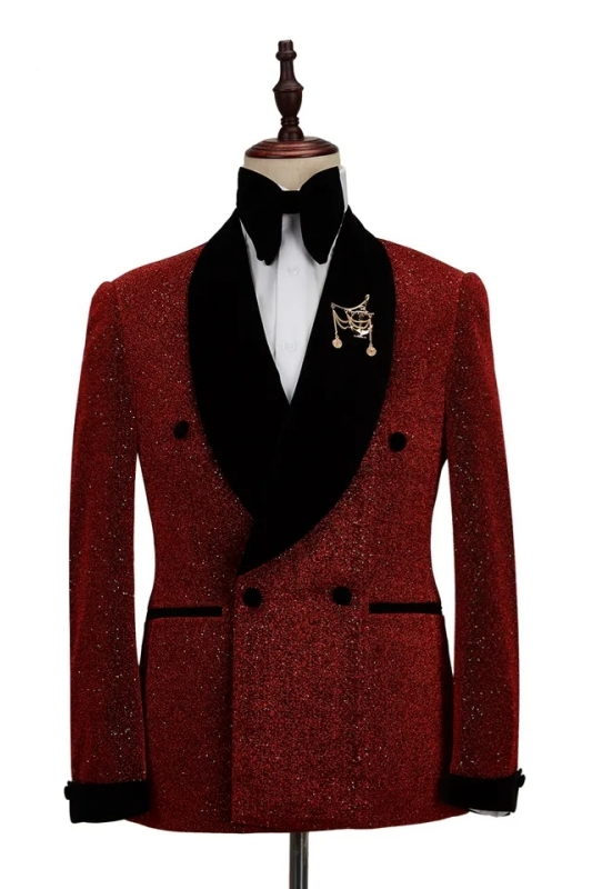 Chic Burgundy Sequins Double Breasted Wedding Suits With Black Velvet Lapel-BMbridal