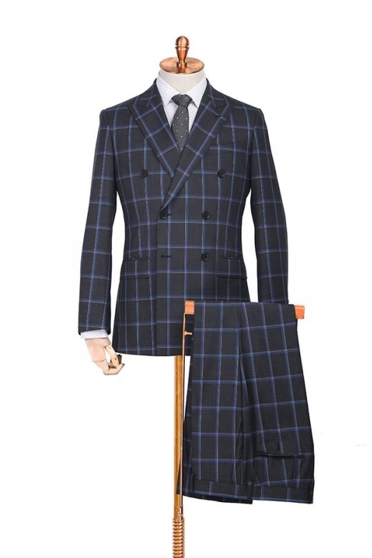 Classic Black Plaid Peaked Lapel Double Breasted Business Suits-BMbridal