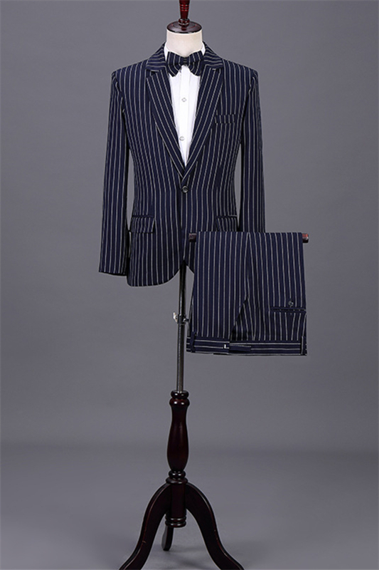Classic Navy Blue Notched Lapel Two Pieces Striped Business Suits-BMbridal