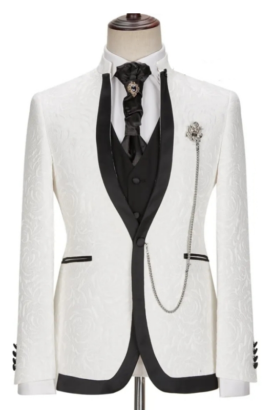 Glamorous White Jacquard Shawl Lapel Three Pieces Wedding Suits-BMbridal